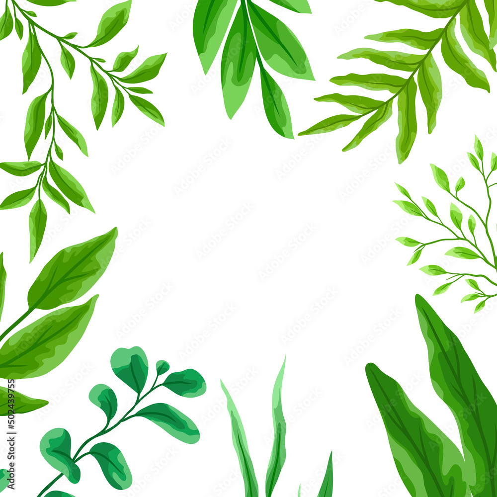 Card or background with branches and green leaves. Spring or summer stylized foliage. Card or background with branches and green leaves. Spring or summer stylized foliage.