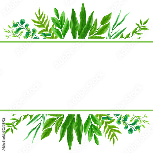 Card or background with branches and green leaves. Spring or summer stylized foliage.