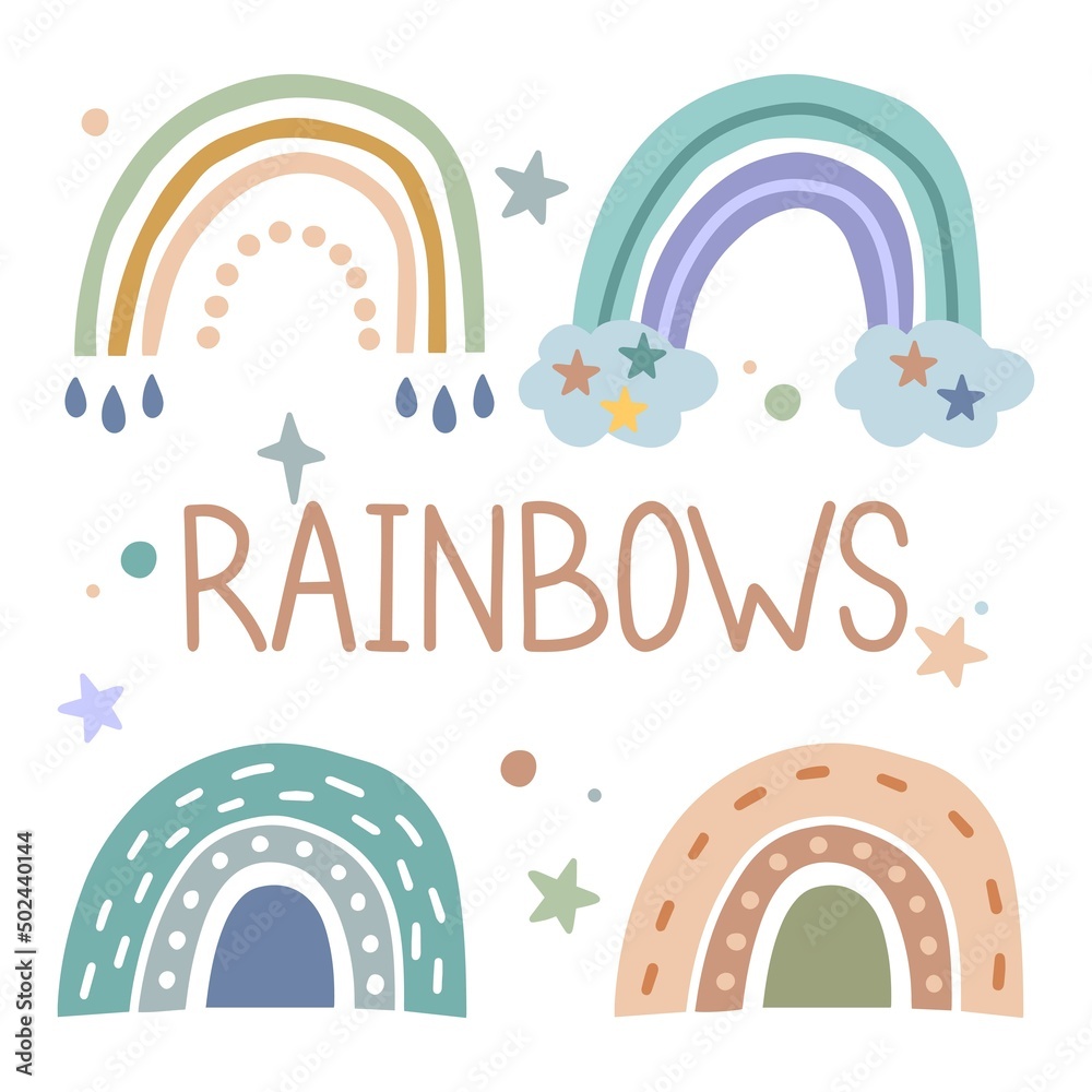 A set of rainbows with hearts, clouds, rain in a children's Scandinavian style, isolated on a white background. Perfect for kids, posters, prints, postcards, fabric.