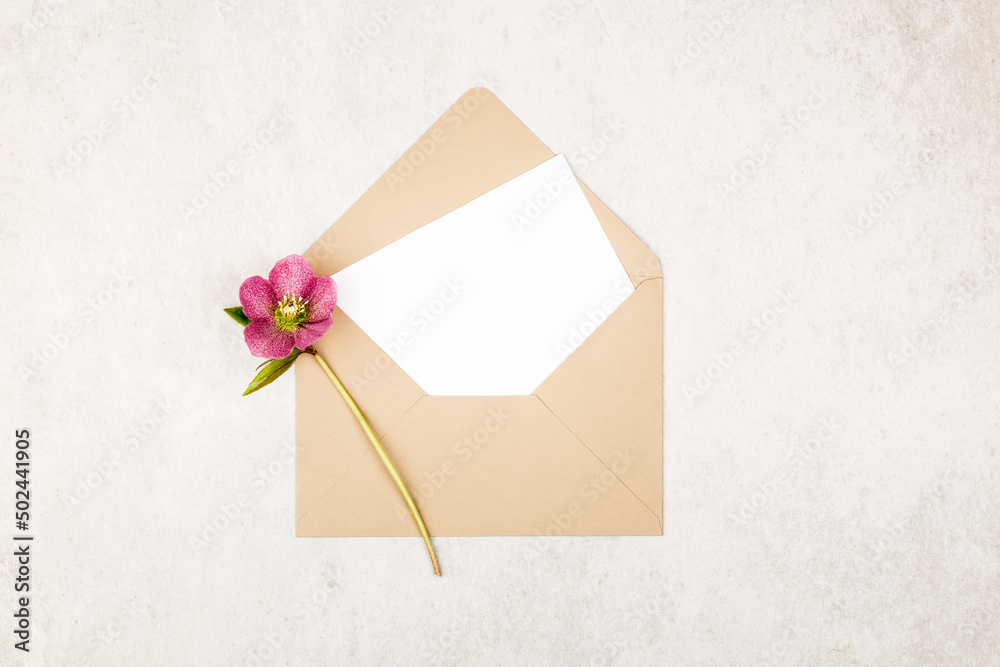 Beige craft envelope with blank white note card and bouquet of purple Hellebore flowers. Vintage or wedding, invitation, save the date, greetings card. Top view and flat lay with copy space