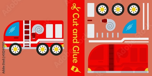 Fire trucks. education paper game for children. cut and glue. vector illustration