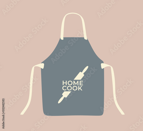 Kitchen apron. Сooking kitchen chef apron with ties drawstring and print logo. Home cooking. Home made meals. Kitchenware. Cook in kitchen. Color flat vector isolated illustration.