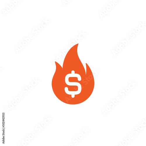 Fire flame with dollar sign. Growth vector icon. Flat icon isolated on white. Economy, finance, money symbol. Hot, spicy, best currency pictogram.