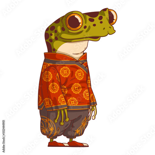 Oriental Frog, isolated vector illustration. Cute anthropomorphic frog in a traditional oriental outfit. A humanized toad wearing a suit with beautiful ornament. An animal character with a human body.