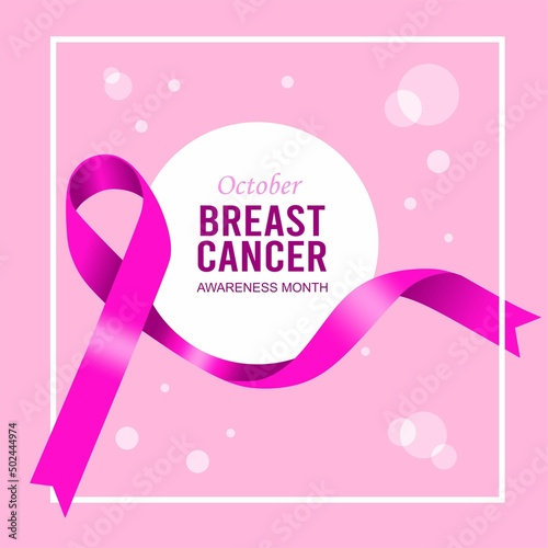 Breast cancer awareness month poster background concept design. Realistic pink bow ribbon with circle badge vector illustration template