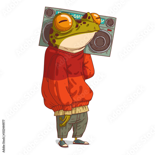 An Urban Guy, isolated vector illustration. Calm anthropomorphic frog wearing a street style outfit and holding a boombox on its shoulder. A humanized toad. An animal character with a human body. © Kyyybic