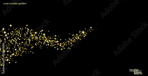 Gold confetti glittering wave. Golden sparkling on black background. Shiny wavy crumbs, golden texture. Glitter. Vector.
