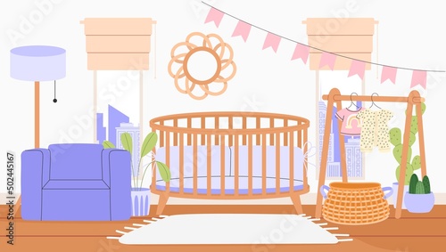 Flat vector illustration of the interior of a nursery in cozy scandinavian style. Concept child's room interior design.