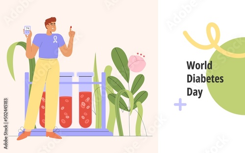 Flat vector illustration with male character checking blood sugar level using a blood glucose meter. Concept of World diabetes day.