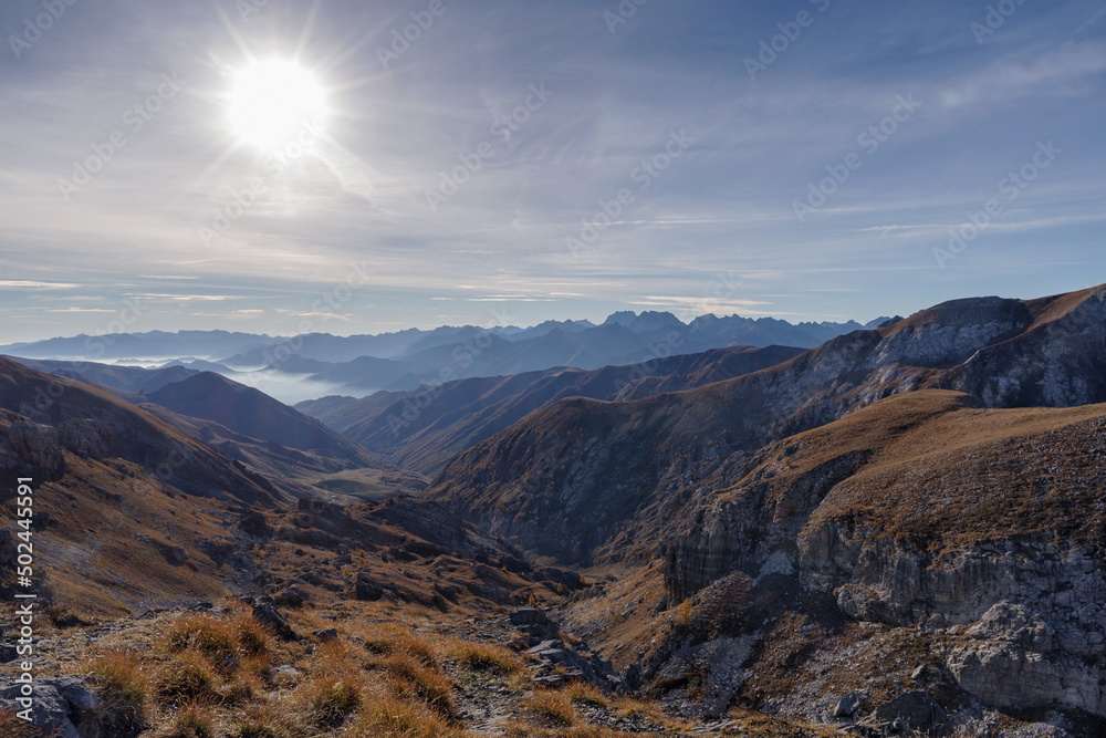 Stura di Demonte Valley mountains, view above from the Colle Fauniera mountain pass, Piedmont, Italy