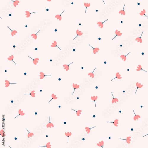 Cute seamless pattern with scattered flowers with stems and dots. Endless girly print. Simple vector illustration.