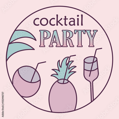 Summer beach party logo in linear style on pink background. Coconut and pineapple cocktails.