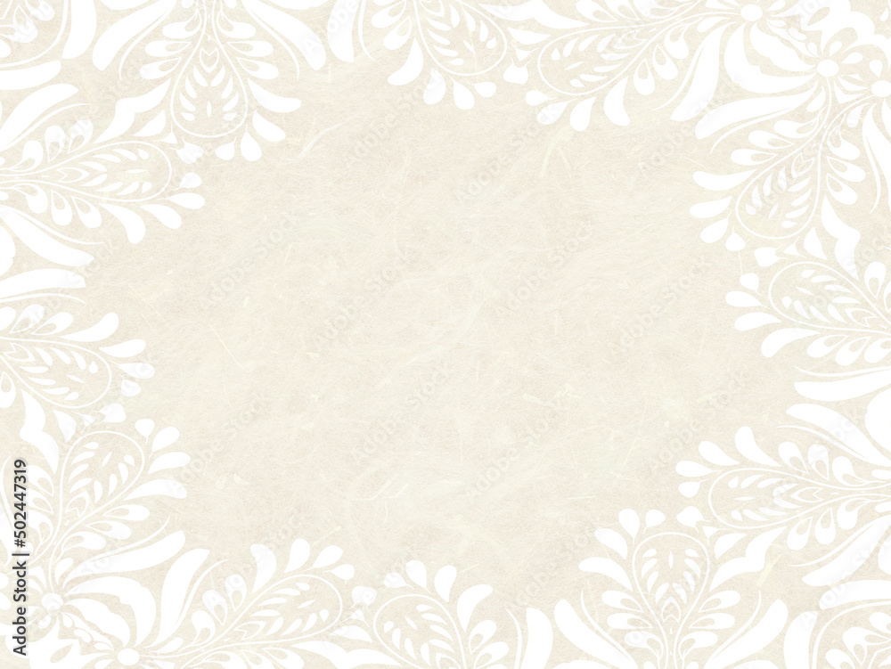 Kraft paper texture with white floral border. Wedding card. 