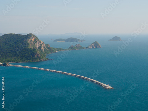 Wide view of Sattahip bay from Laem Pu Chao scenic viewpoint, beautiful seascape panoramic perspective. At Chonburi, Thailand.