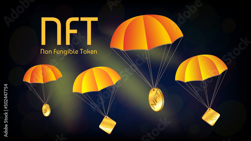 Free distribution of collectible NFT non fungible token with golden coins on parachutes on dark blue background.