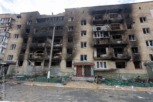 War of Russia against Ukraine. Burnt-out multi-storey building after shelling