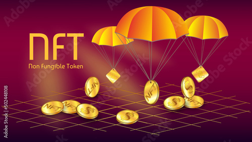 NFT non fungible token airdrop coins on parachutes. Free distribution of collectible game NFT tokens.