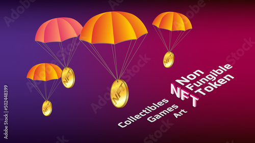 Isometric text NFT non fungible token and parachutes with gold coins on purple-red background. Free distribution of collectible and playable NFT.