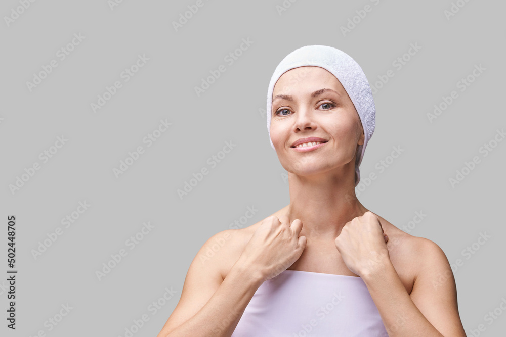 Pure skin care mature beauty portrait. Self massage. Cosmetology plastic foundation. Anti wrinkle senior cream. Elegant Hands near female head. Medical treatment clinic. Woman nature makeup. Pure skin care mature beauty portrait. Self massage. Cosmetology plastic foundation. Anti wrinkle senior cream. Elegant Hands near female head. Medical treatment clinic. Woman nature makeup.