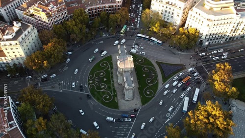 Drone footage of Puerta de Alcala an intersection surrounded by radial streets