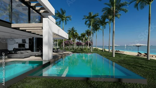 4K video rendering of modern cozy house with pool and parking for sale or rent in luxurious style by the sea or ocean. Sunny day by the coast with palm and flowers in tropical island Fly-walk