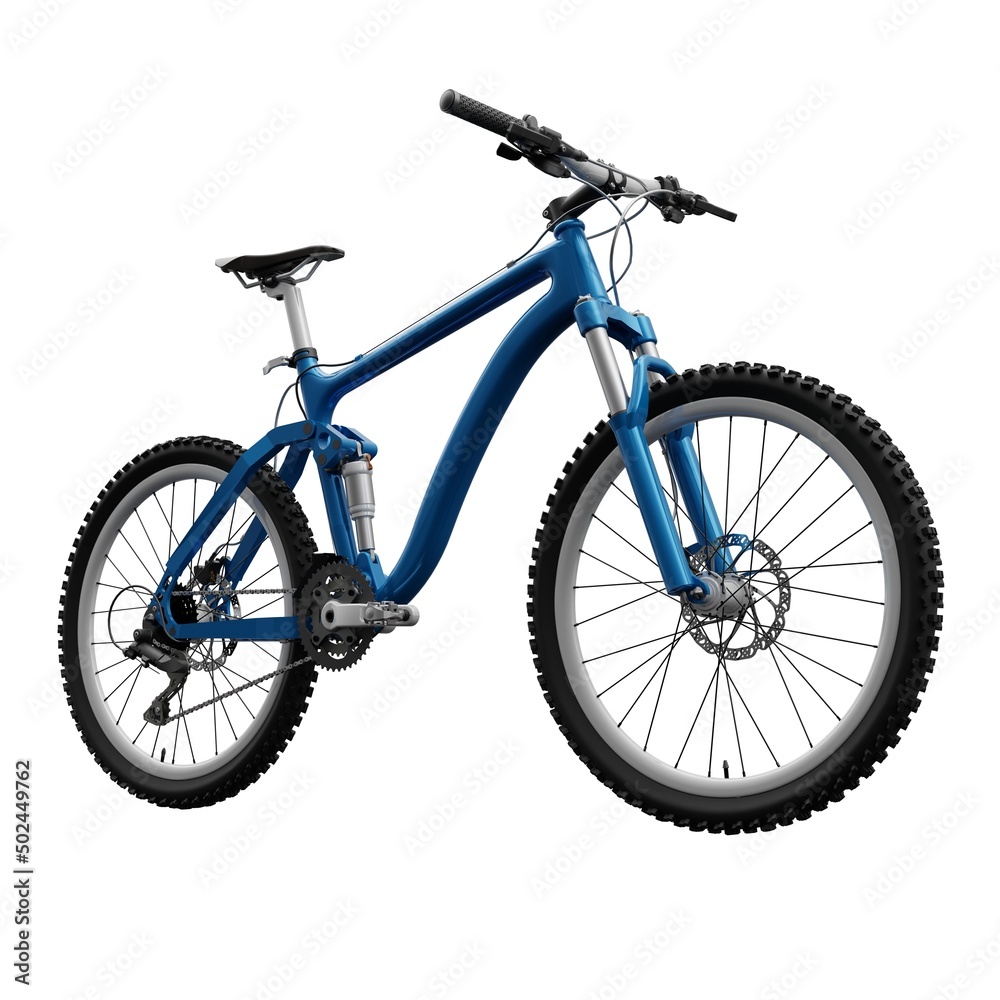Blue mountain bike on an isolated white background. 3d rendering.