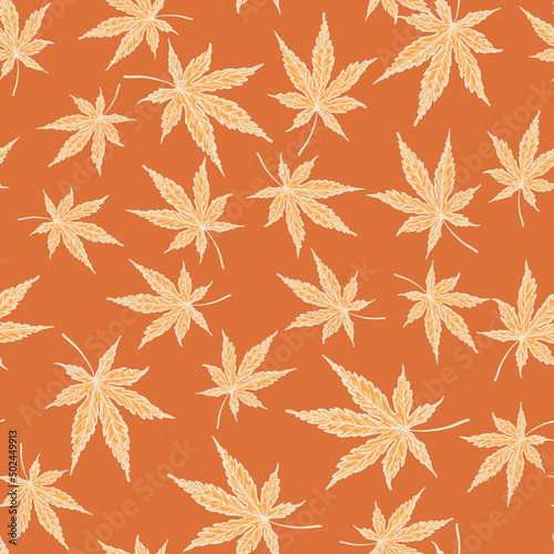 Leaves cannabis engraved seamless pattern. Retro background botanical with leaf marijuana in hand drawn style.