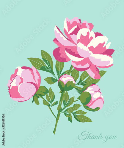 Thank you card design on a flower theme. Happy mother's day greeting card with beautiful blossom flowers, peonies.