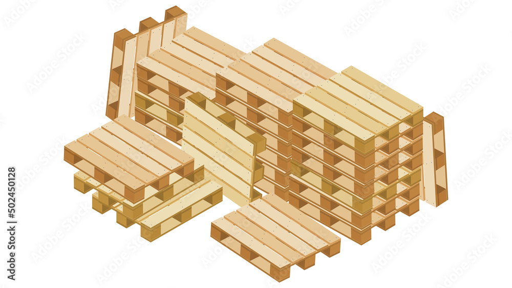 Large pile of isometric pallets in stacks and a lot around for packaging and transportation isolated on white background. Large pile of isometric pallets in stacks and a lot around for packaging and transportation isolated on white background.