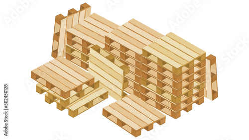 Large pile of isometric pallets in stacks and a lot around for packaging and transportation isolated on white background.