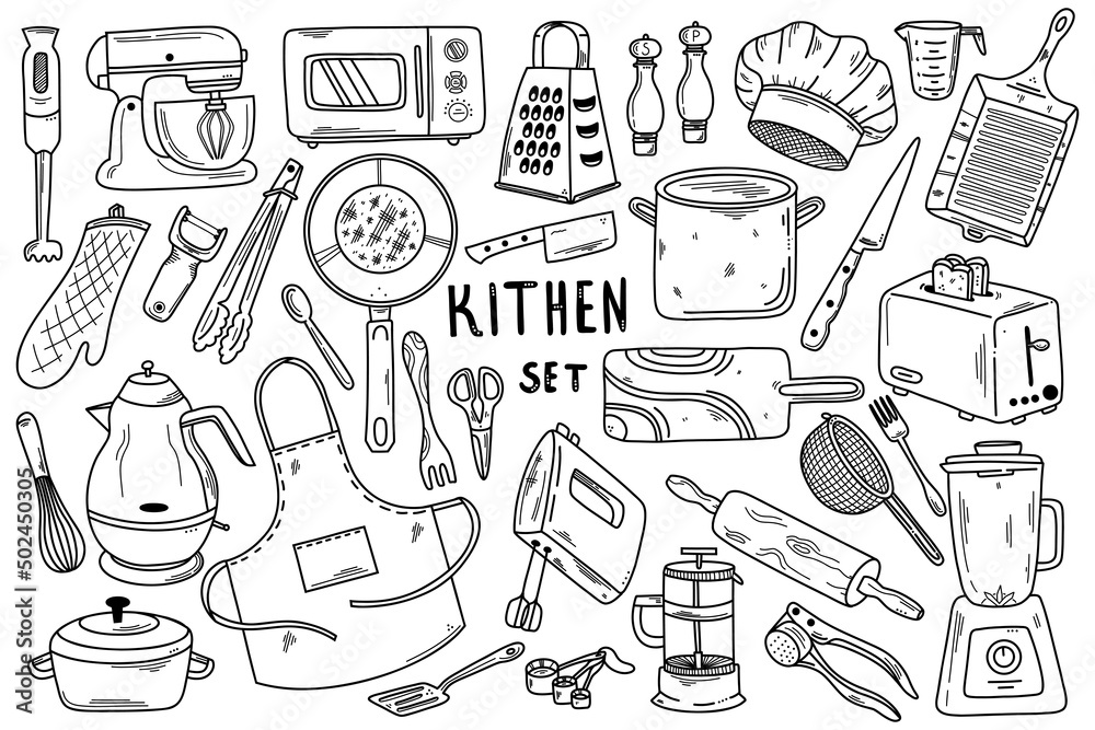 A Wise Choice Kitchen utensils illustration set line drawing - Stock,  drawing utensils