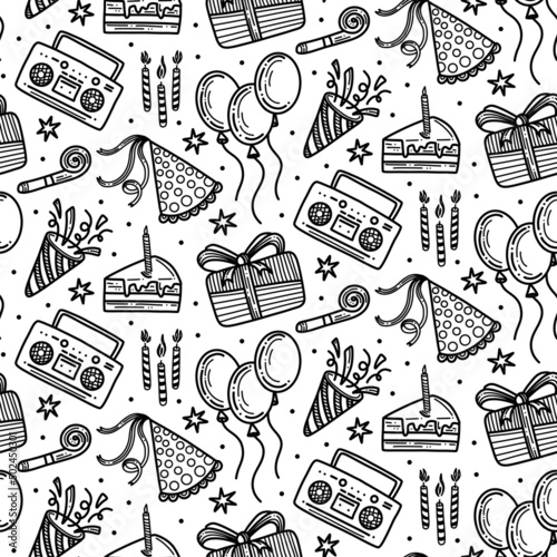 Doodles cute seamless pattern with cake, ballons and taperecorder. Happy birthday theme background photo