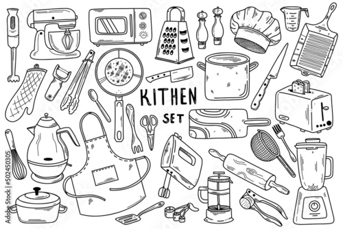 Hand drawn doodle kitchen set. Vector illustration of kitchen equipments and tools. Baking and cooking