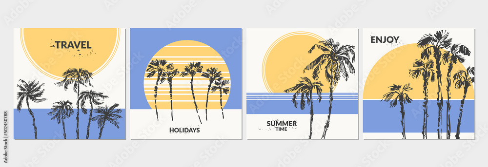 Hand drawn palm trees colorful square universal card set