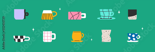 Set of decorative trendy cups different pattern and shapes. Collection of handcrafted ceramic tableware scandinavian style. Modern mugs for tea, coffee, drink beverage. Isolated vector illustration