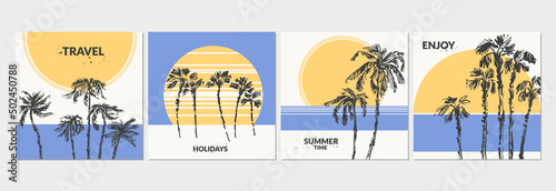 Hand drawn palm trees colorful square universal card set
