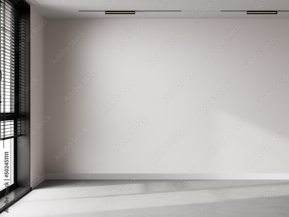 Empty room with light walls, window and concrete floor. Empty room for mockup, empty wall mock up, empty room with sunlight and shadows, 3d rendering