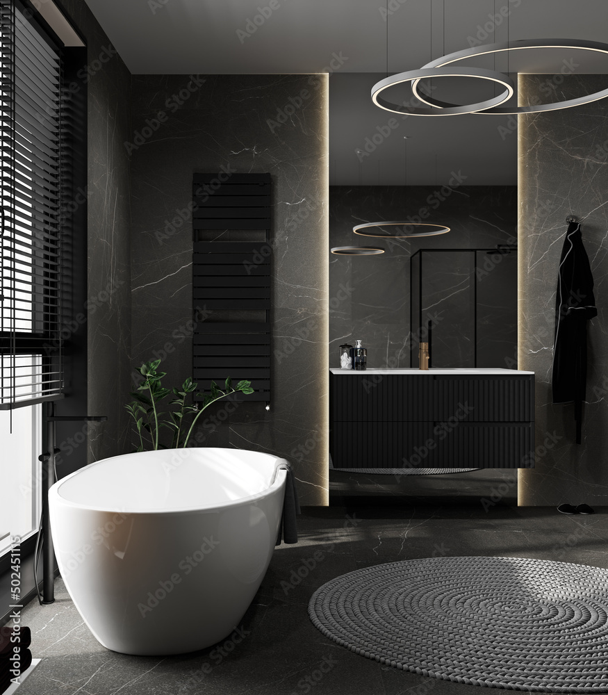 Stylish luxury black bathroom with black marble tile, bathtub, plant