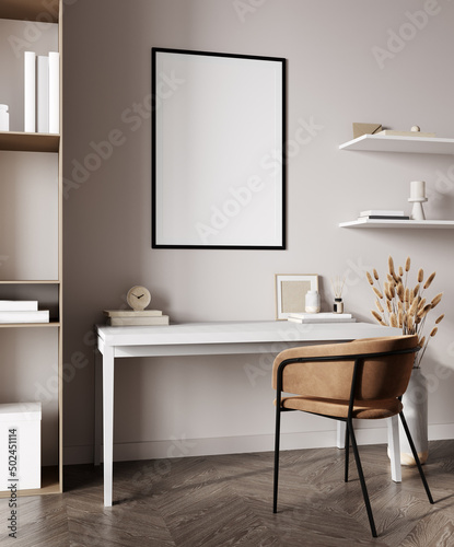 Stylish home workplace with white table, brown chair and frame mockup, 3d render