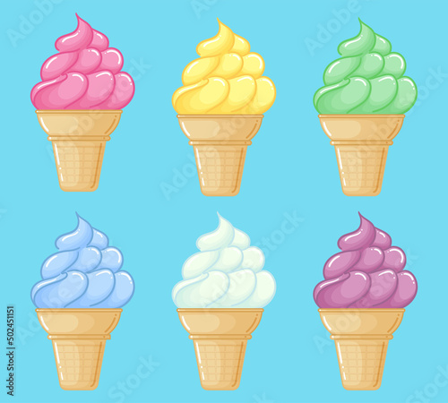 ice cream soft in a cone in different flavors