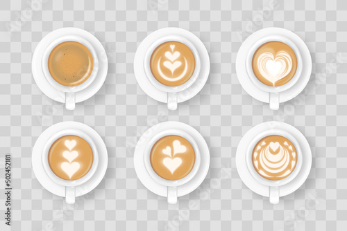 Set of cappuccino coffee with hearts in a cup on a saucer isolated vector