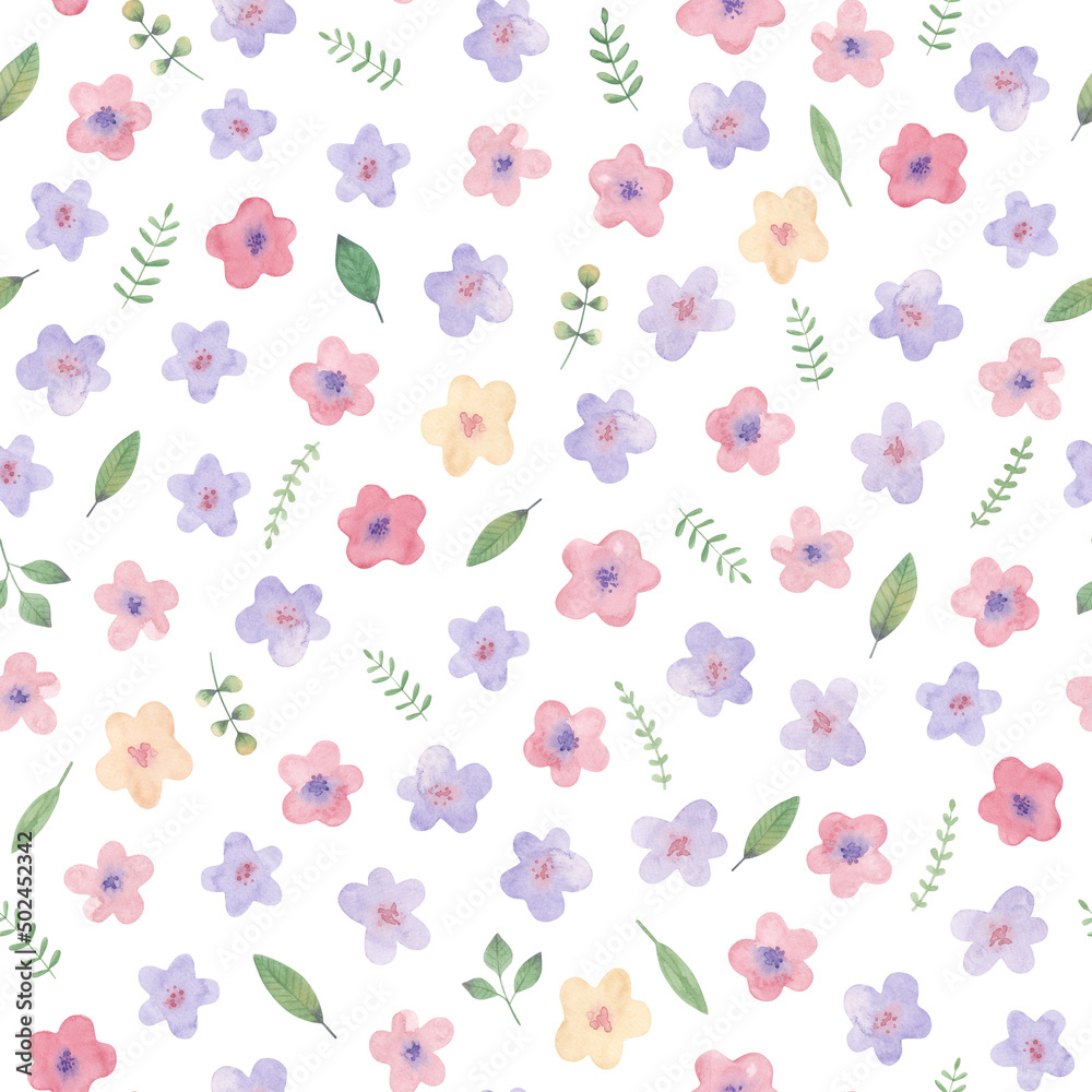 Watercolor illustration, seamless pattern with simple flowers. Cute childrens drawing for textiles and nursery