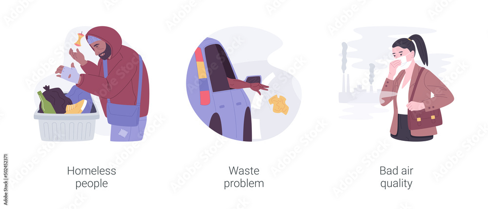City problems isolated cartoon vector illustrations set. City problems isolated cartoon vector illustrations set.