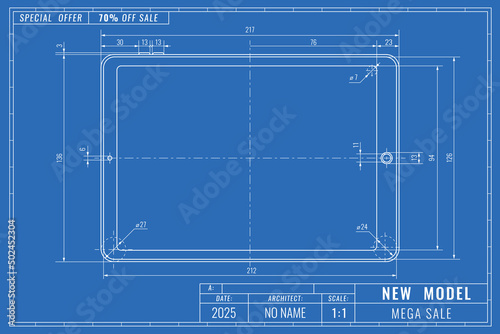 Tablet as technical blueprint drawing. Device sale technical outline concept. Mechanical engineering drawings