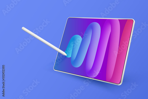 Tablet, pen and multicolored background. Device in perspective view. Pen drawing abstract shape on tablet
