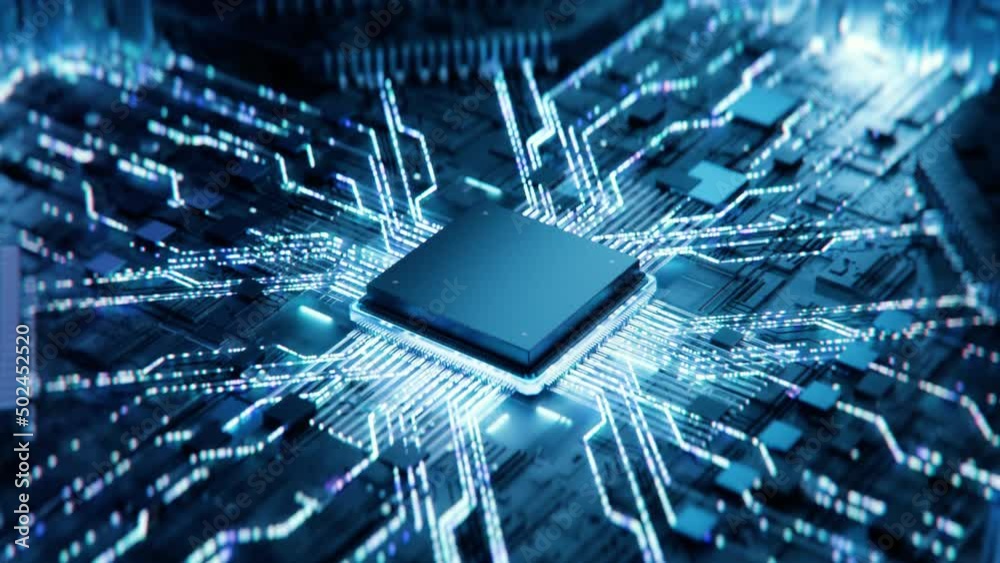 Concept: Advanced Mobile Microprocessor Chip Connecting with a Motherboard and Activates entire System. Energy Pulse Expanding after CPU Connected to Socket.