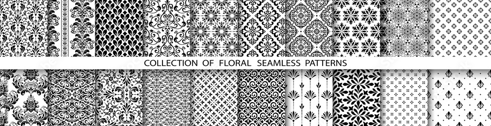 Geometric floral set of seamless patterns. White and black vector backgrounds. Simple illustrations. - obrazy, fototapety, plakaty 