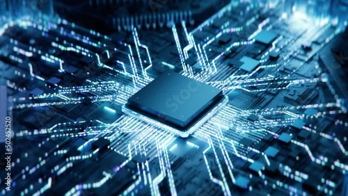 Concept: Advanced Mobile Microprocessor Chip Connecting with a Motherboard and Activates entire System. Energy Pulse Expanding after CPU Connected to Socket.