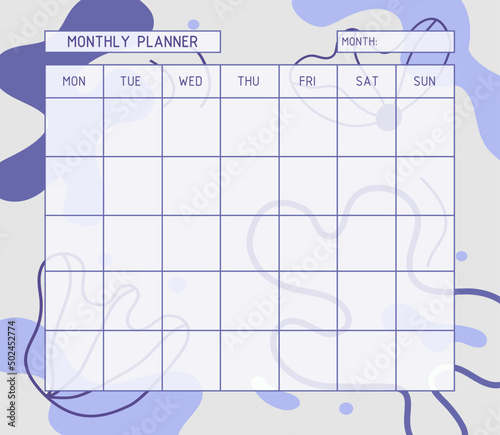 Month planner template. Calendar. A planner for month organization of time with abstract background. Illustration hand-drawn. Very peri color.