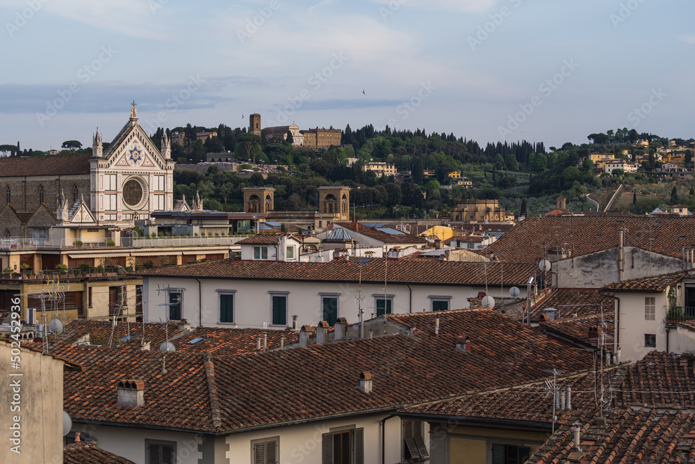 View of the city, hills and church of Santa Croce in Florece, Italy 